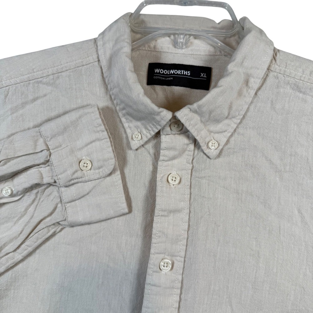 WOOLWORTHS Mens XL Cotton Linen Button‎ Down Long Sleeve Shirt Beige Classic Fit